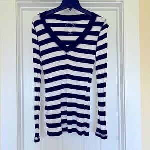 INC International Concepts Black and White V-neck Horizontal Stripe Long Sleeve